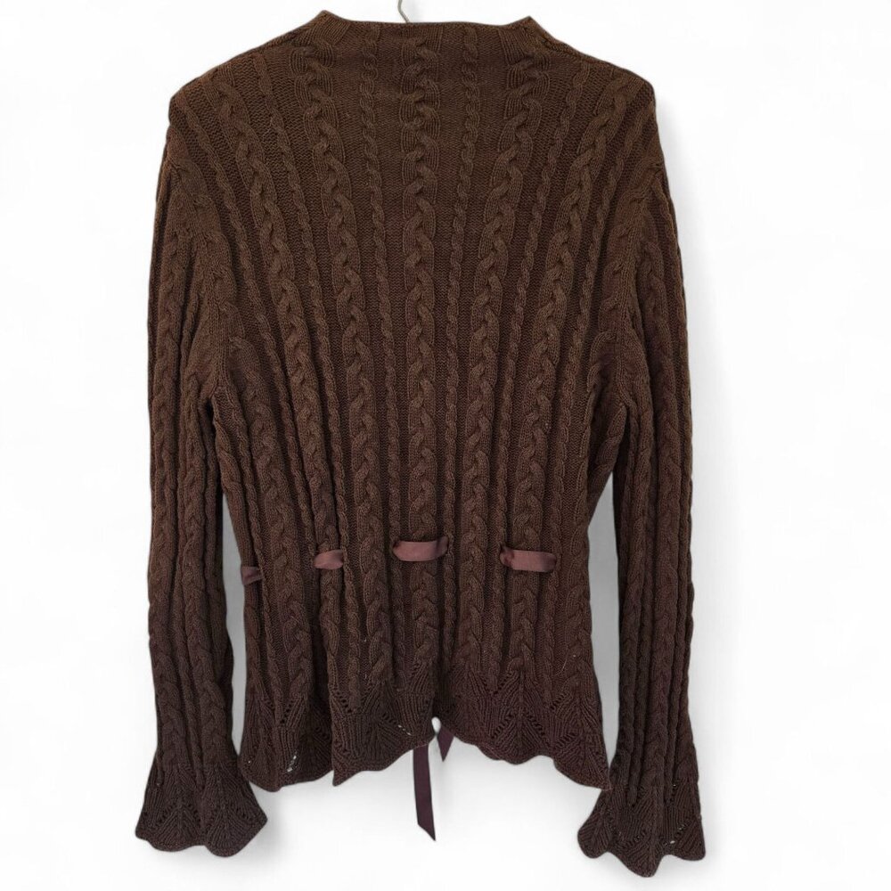 Chaps Cable Knit Brown Cardigan Sweater Large Ribbon Tie Waist Eyelet Cuffs - Picture 2 of 11